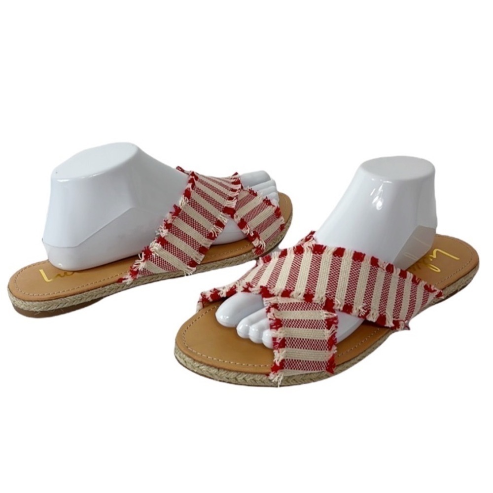 Lulus Sandals Espadrilles Flats  Fringed‎ Canvas Striped Straps Red Women 10